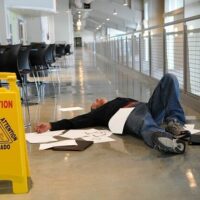 man on the floor next to a a wet floor sign